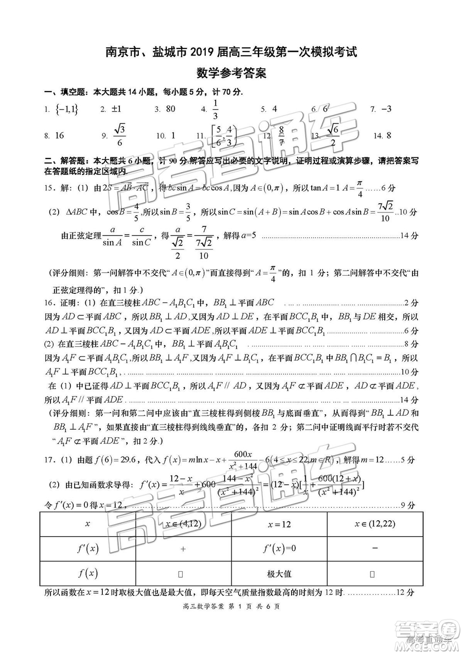 2019屆高三南京、鹽城一模數(shù)學(xué)試題及參考答案