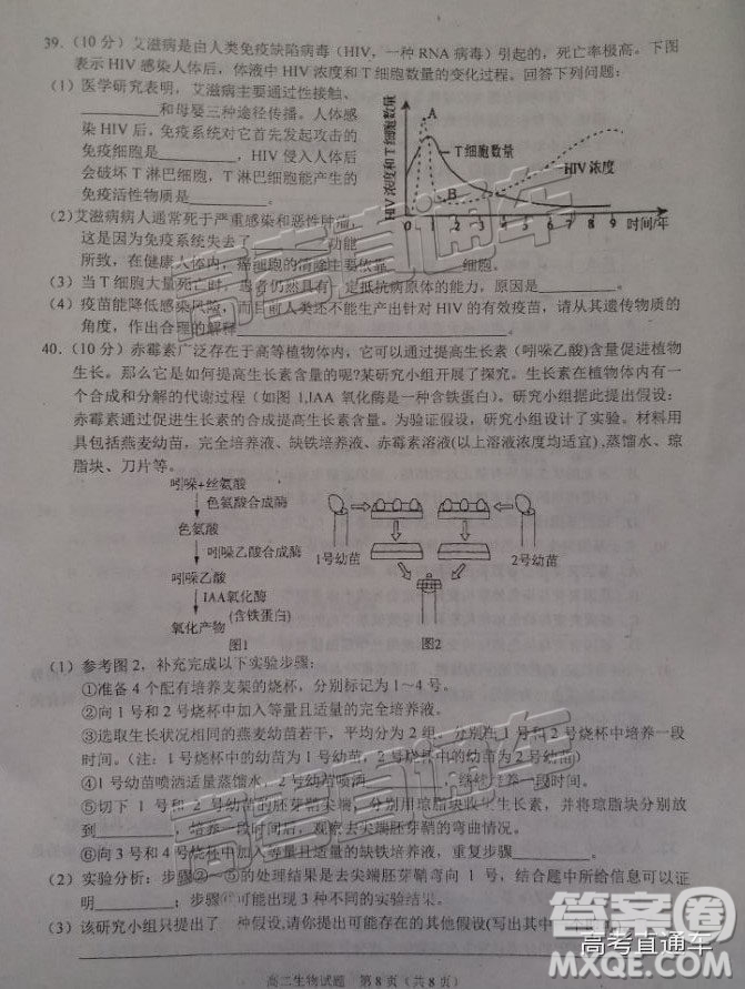 2019廣安高二期末考生物試題及參考答案