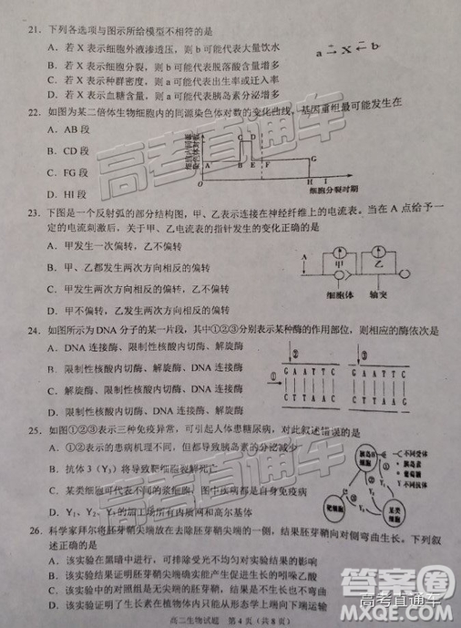 2019廣安高二期末考生物試題及參考答案