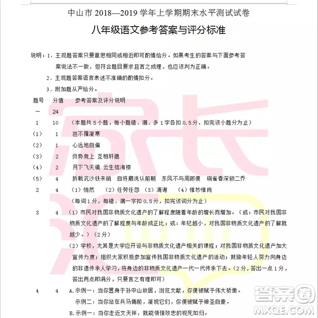 廣東省中山市2018-2019學(xué)年度上學(xué)期期末水平測(cè)試試卷八年級(jí)語文答案