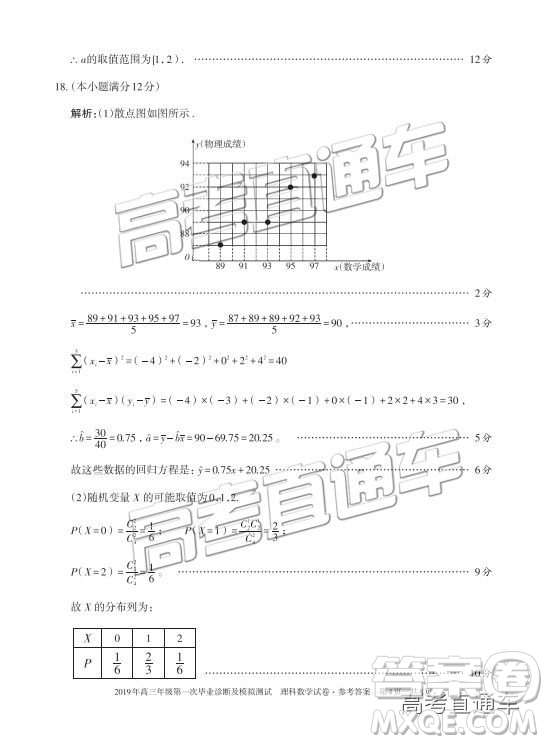 2019新疆烏魯木齊一診理數(shù)試題及參考答案