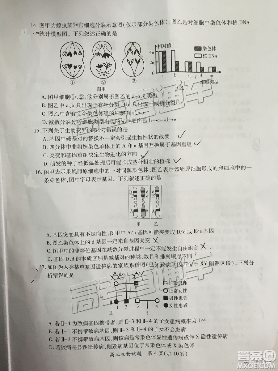 2019屆高三廈門期末質(zhì)檢生物試題及參考答案