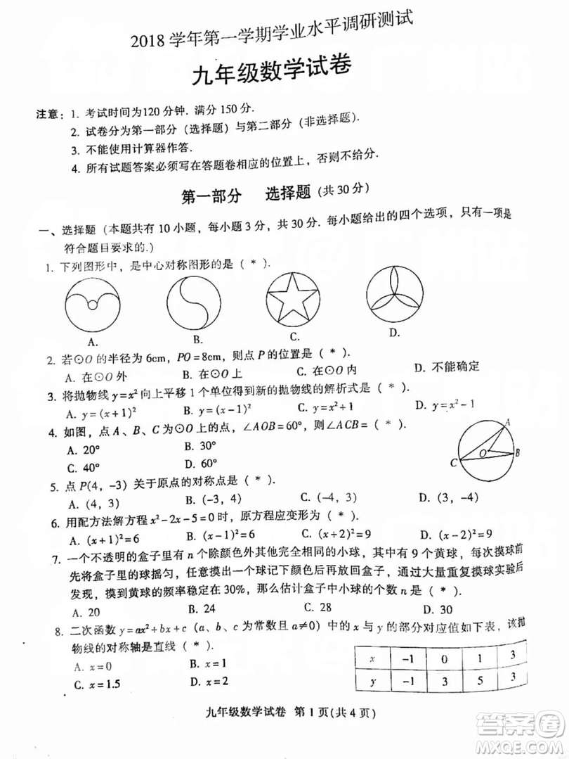 廣州市越秀區(qū)2018學年第一學期學業(yè)水平調(diào)研測試九年級數(shù)學試卷及答案解析