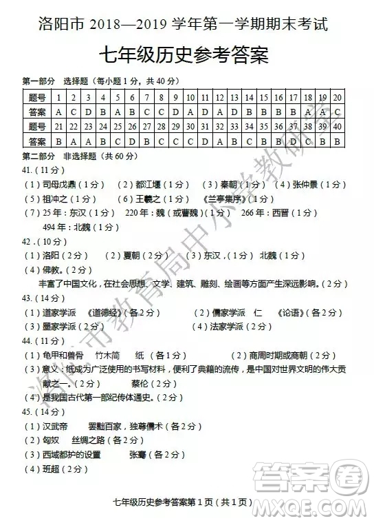 洛陽(yáng)市2018-2019學(xué)年第一學(xué)期期末考試七年級(jí)歷史答案