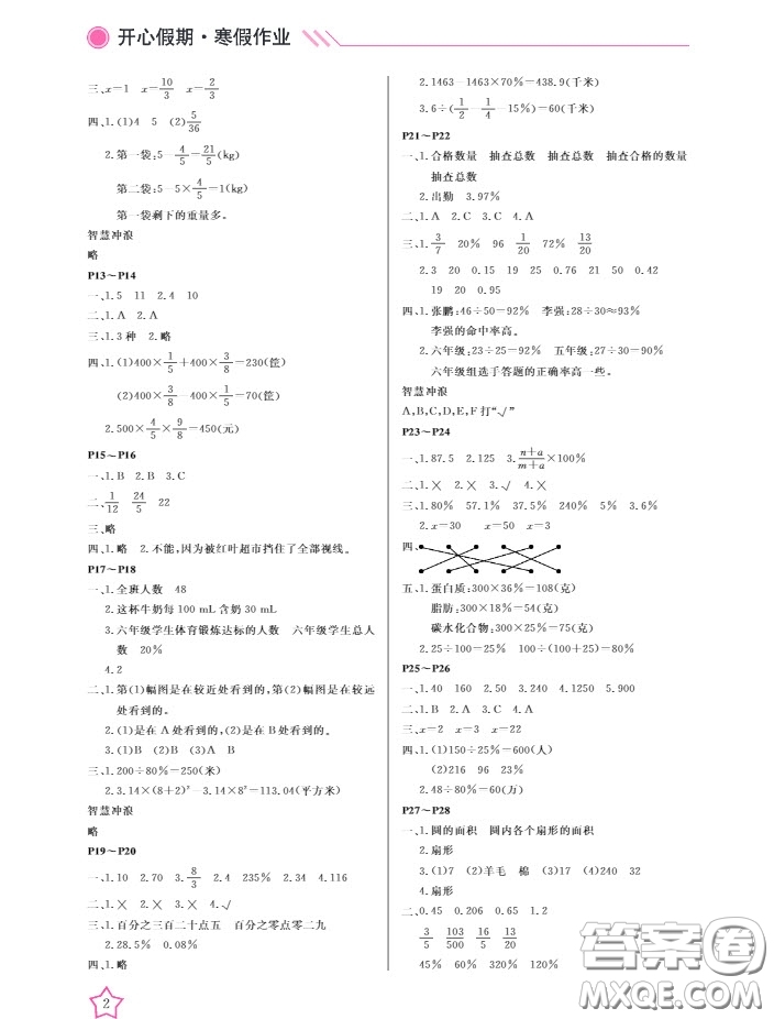 武漢出版社2020春季開(kāi)心假期寒假作業(yè)六年級(jí)數(shù)學(xué)B版答案