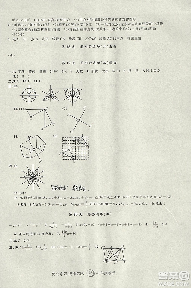 上海地區(qū)專用2019年優(yōu)化學(xué)習(xí)寒假20天寒假作業(yè)數(shù)學(xué)七年級(jí)數(shù)學(xué)參考答案