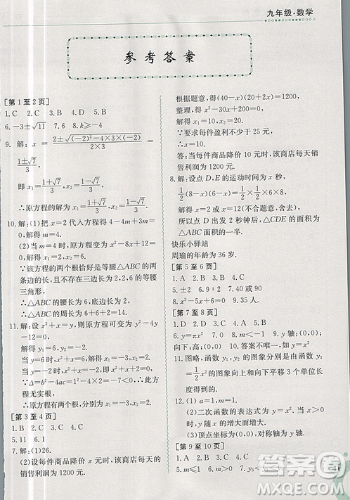 江西高校出版社2019新版快樂(lè)寒假九年級(jí)數(shù)學(xué)金太陽(yáng)教育人教版參考答案