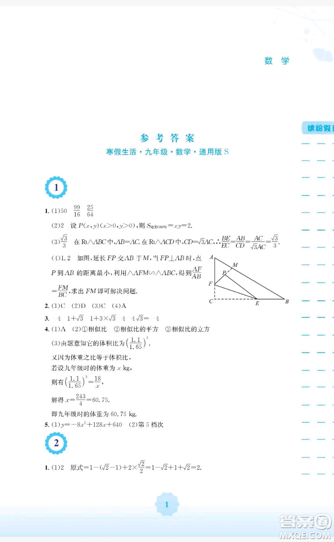 2019安徽教育出版社寒假生活九年級數(shù)學通用版S答案