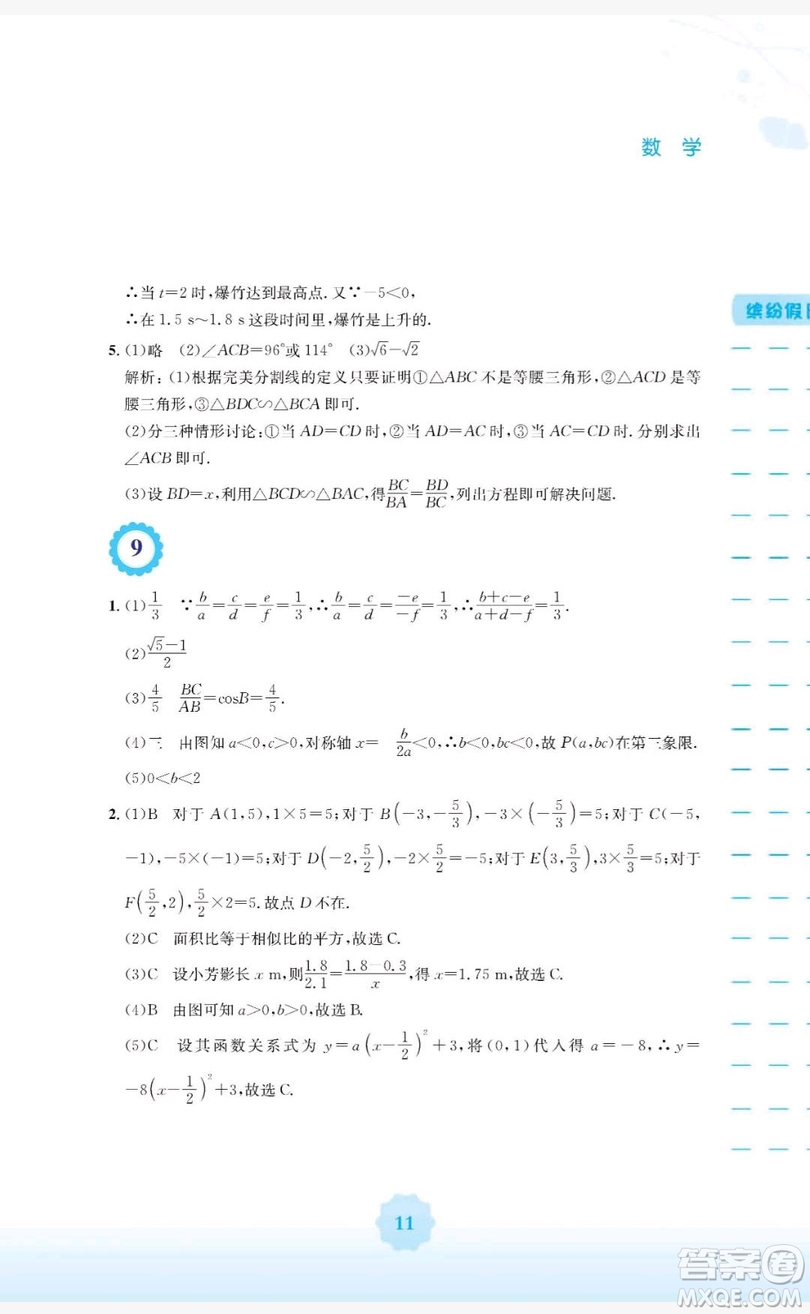 2019安徽教育出版社寒假生活九年級數(shù)學通用版S答案