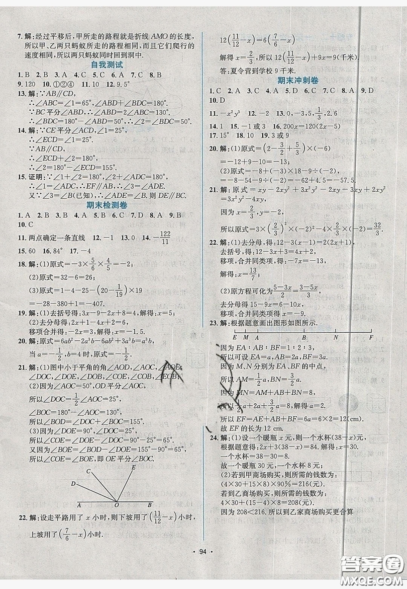 七彩假期期末大提升2019年寒假作業(yè)七年級數(shù)學答案