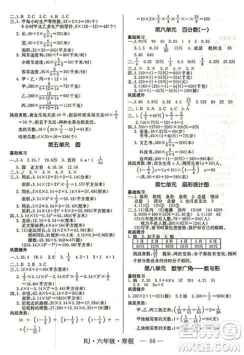 寒假總動(dòng)員2019年高效A計(jì)劃期末寒假銜接六年級(jí)數(shù)學(xué)人教通用版答案