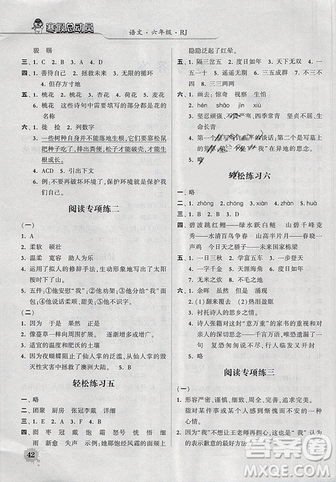 經(jīng)綸學典2019年寒假總動員六年級語文人教版RJ參考答案