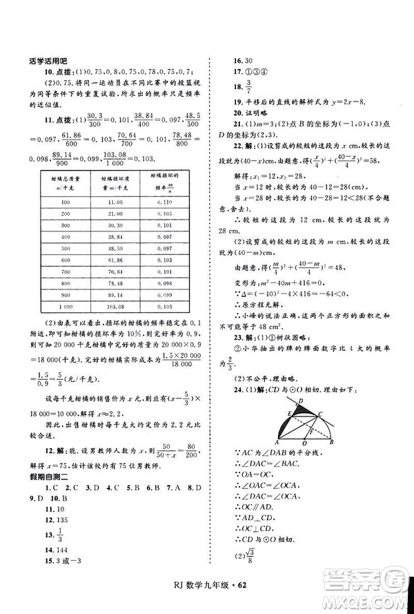 2019年贏在起跑線中學(xué)生快樂寒假9年級(jí)數(shù)學(xué)人教版參考答案