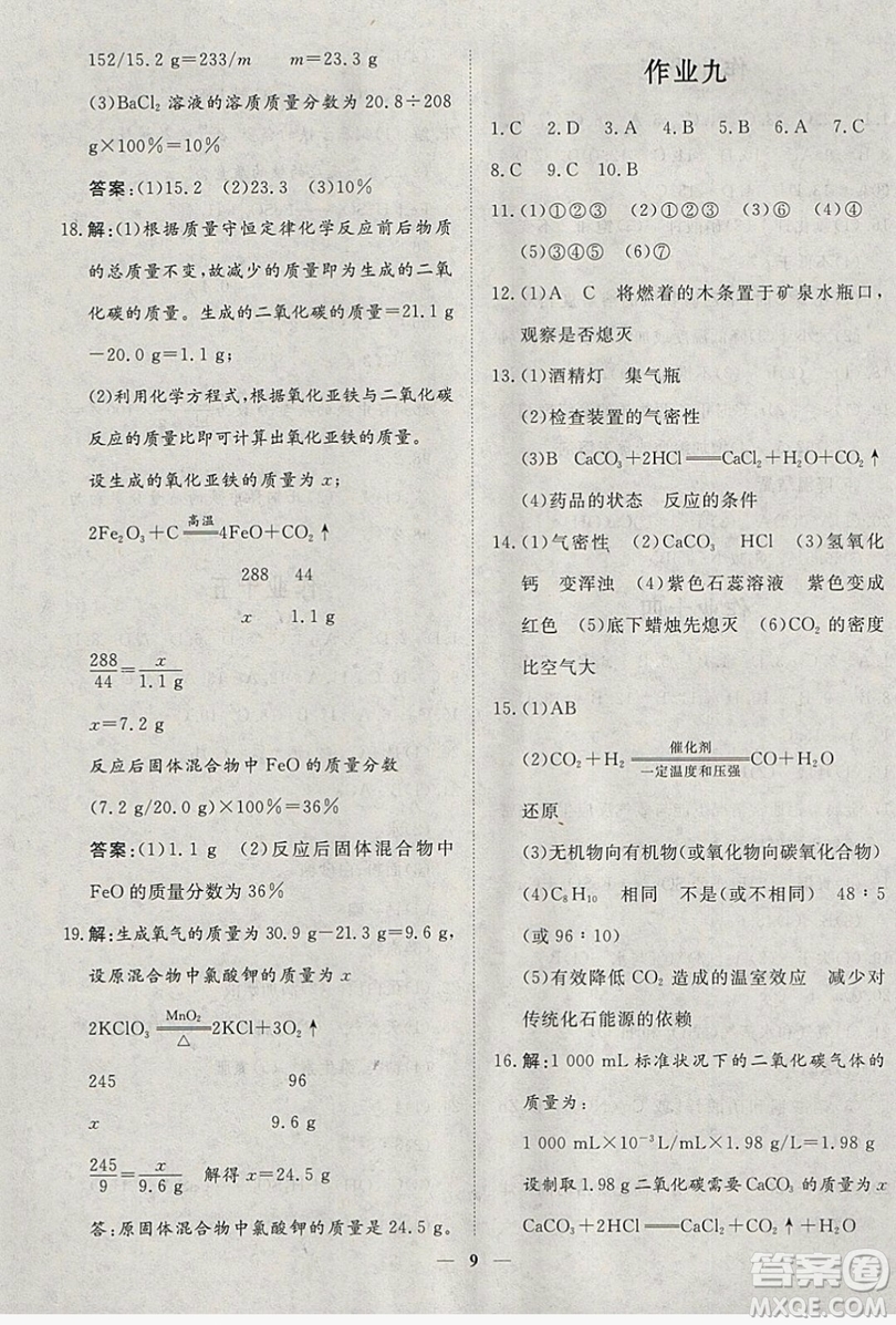 文軒圖書2019寒假假期生活指導九年級化學答案