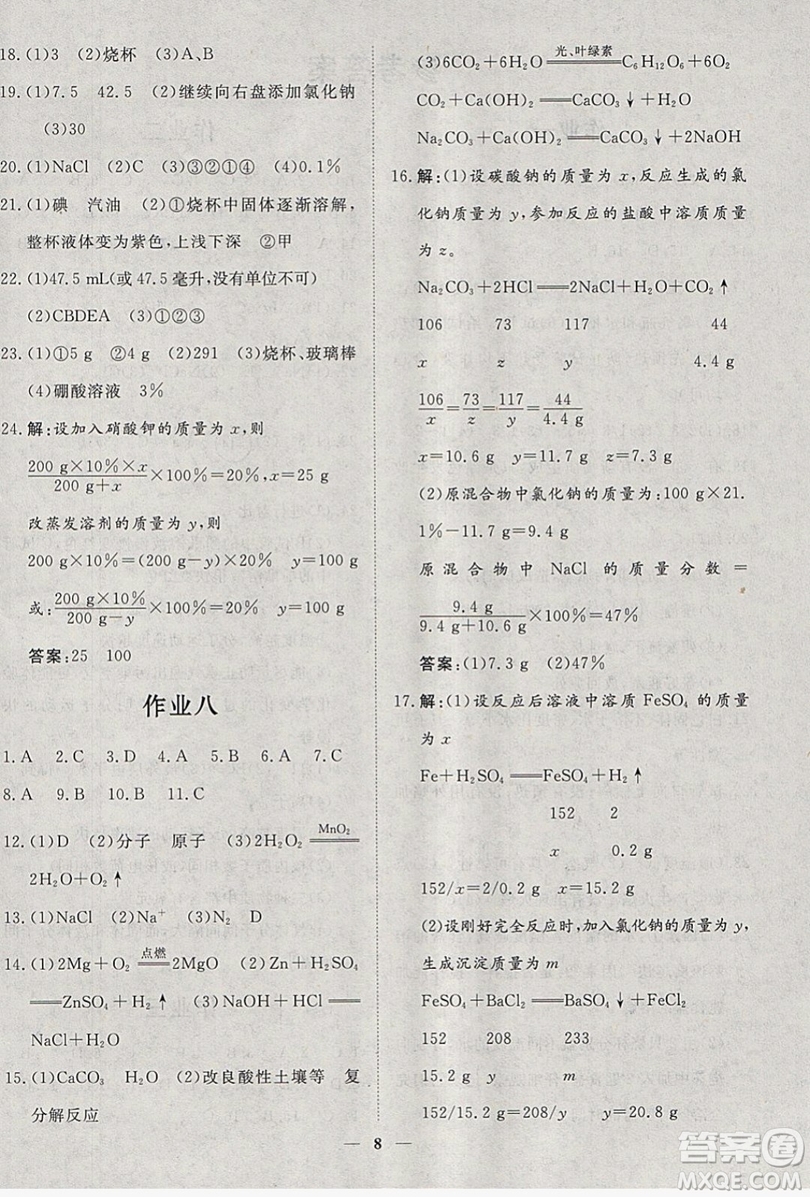 文軒圖書2019寒假假期生活指導九年級化學答案