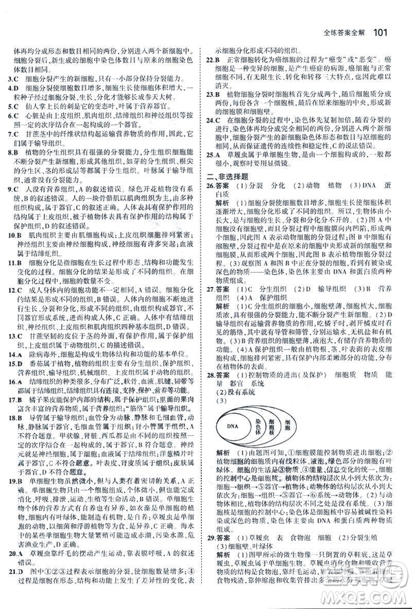 2019新版5年中考3年模擬七年級上冊生物人教版RJ參考答案