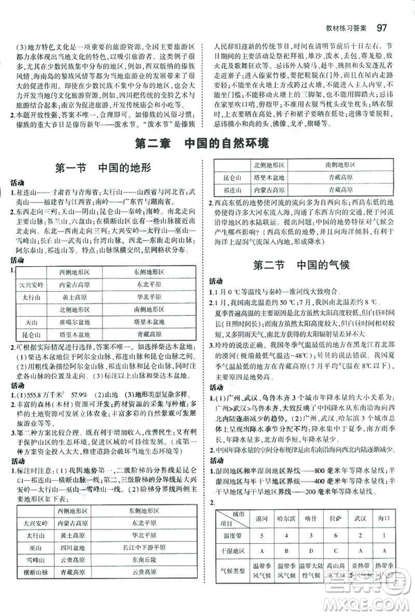 曲一線科學(xué)備考2019版5年中考3年模擬地理八年級(jí)上冊(cè)湘教版XJ參考答案