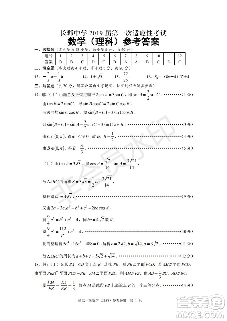 湖南省長沙市長郡中學(xué)2019屆高三下學(xué)期第一次適應(yīng)性考試理科數(shù)學(xué)試題及答案