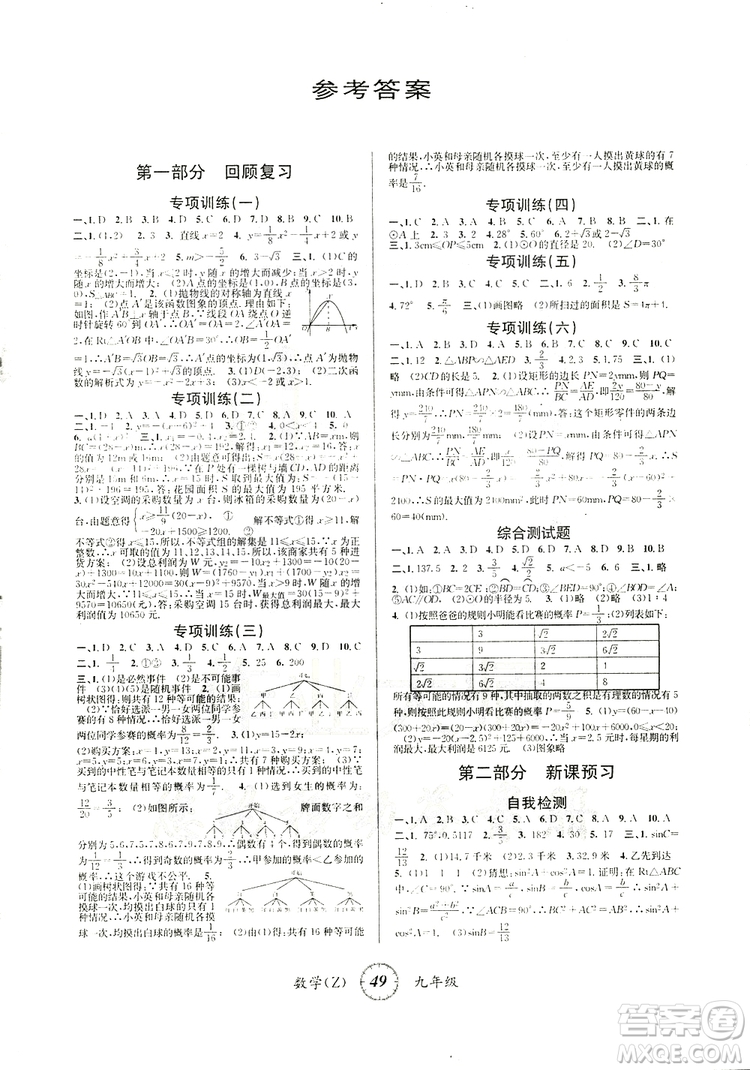 寒假創(chuàng)新型自主學習2019版第三學期寒假銜接數學九年級Z浙教版參考答案