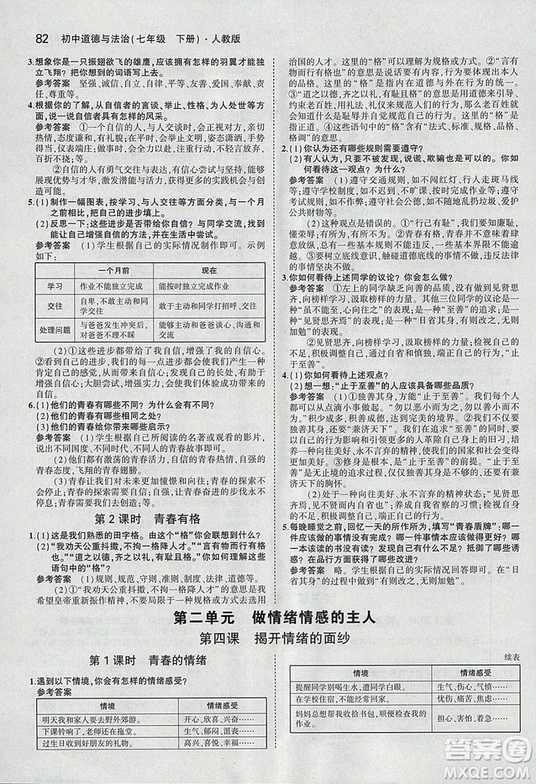 2019年人教版義務(wù)教育教科書道德與法治七年級(jí)下冊(cè)教材課本參考答案