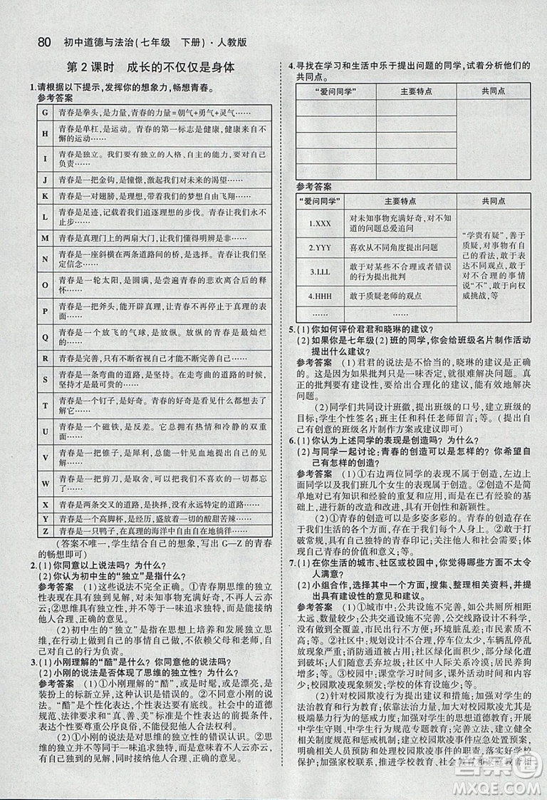 2019年人教版義務(wù)教育教科書道德與法治七年級(jí)下冊(cè)教材課本參考答案