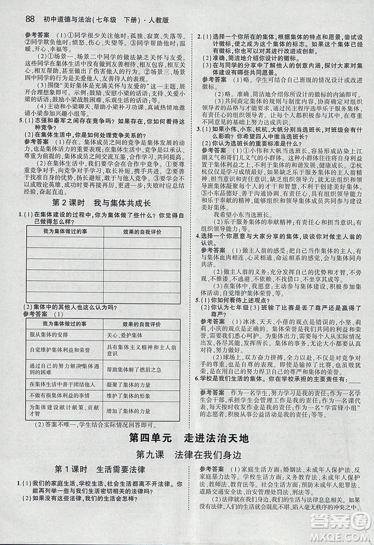 2019年人教版義務(wù)教育教科書道德與法治七年級(jí)下冊(cè)教材課本參考答案