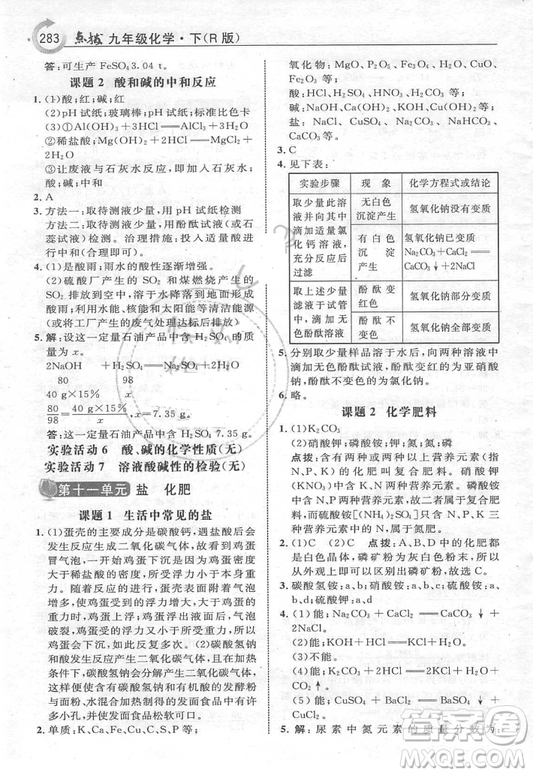 2019年初中九年級(jí)下冊(cè)化學(xué)書(shū)人教版課本教材教科書(shū)參考答案