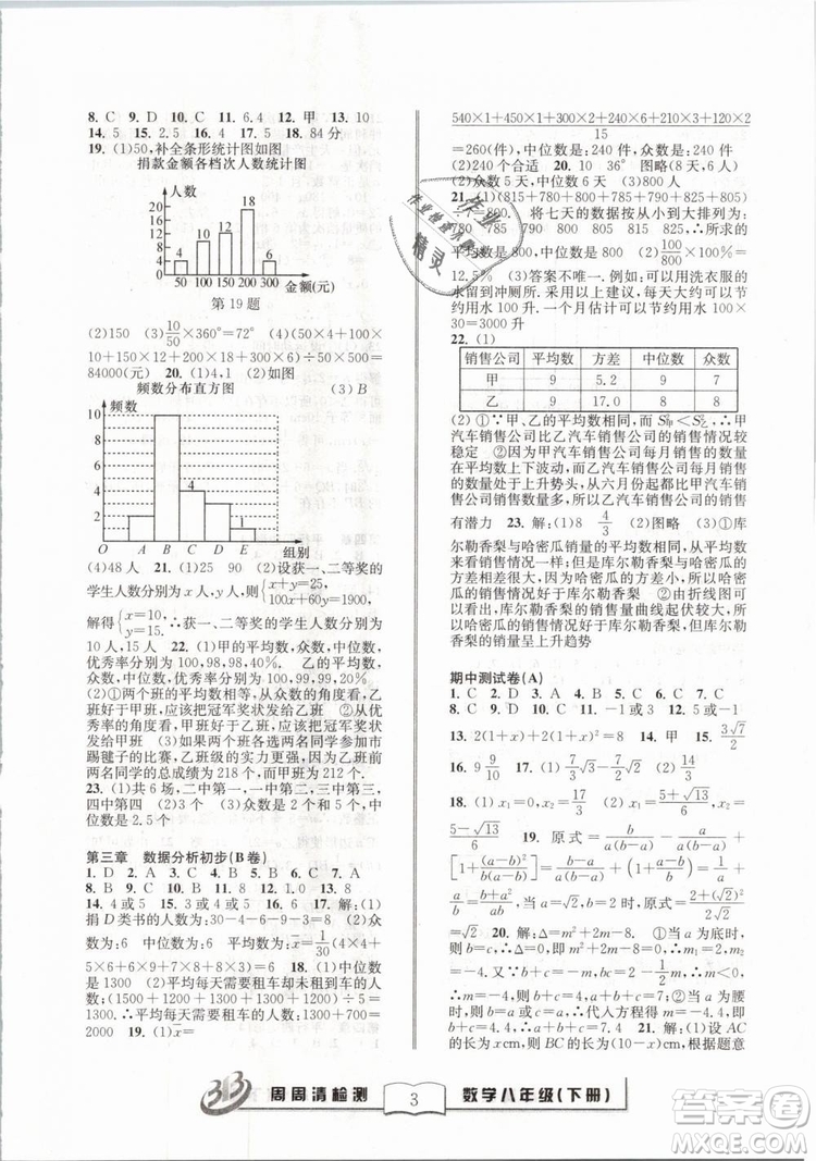 2019精英版BFB周周清檢測數(shù)學(xué)八年級下冊浙教版ZJ參考答案