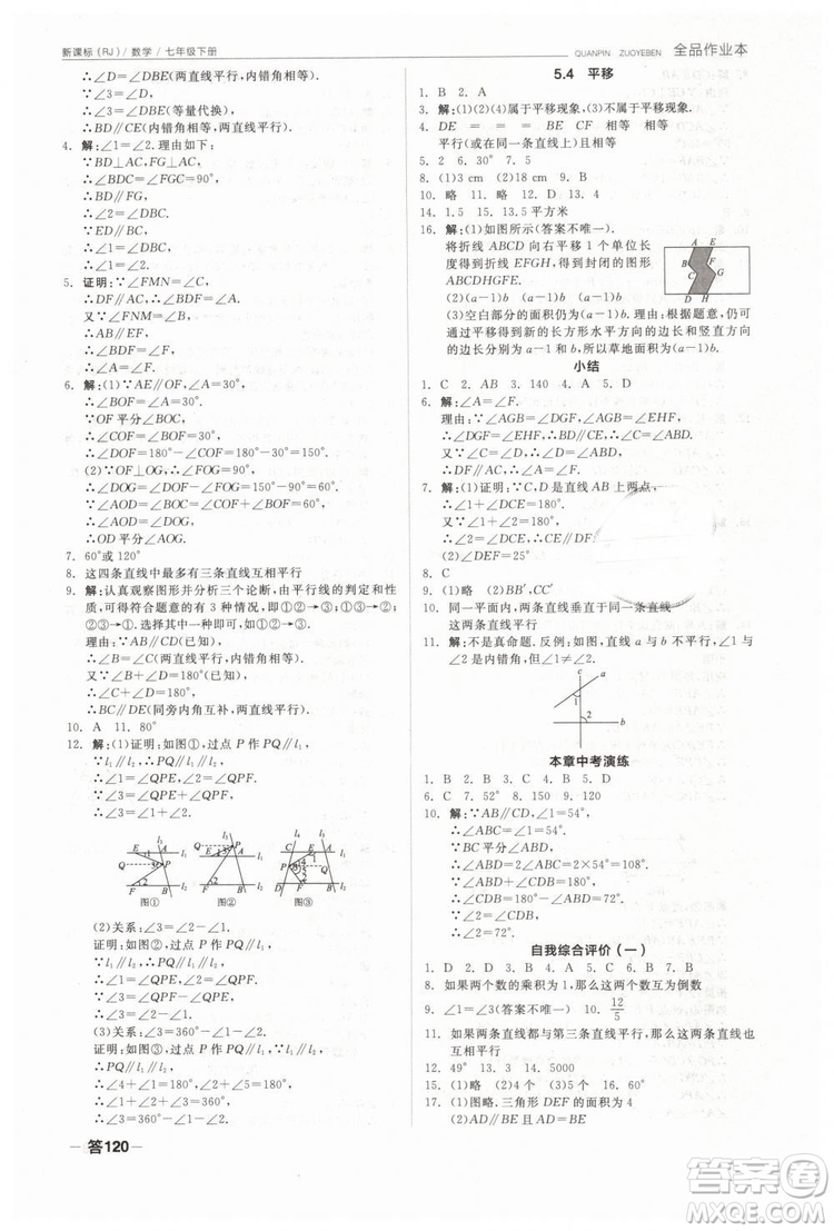 全品作業(yè)本2019七年級下冊數(shù)學(xué)新課標(biāo)人教版RJ參考答案