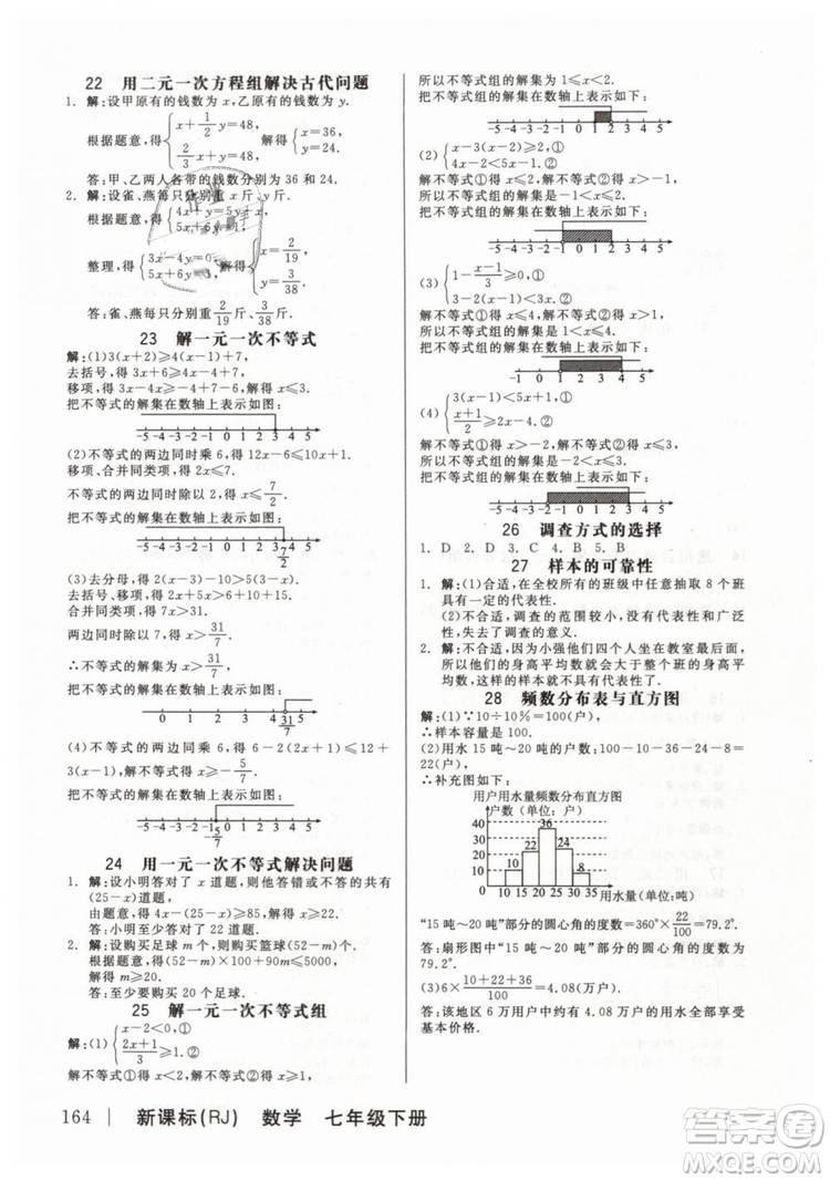 全品作業(yè)本2019七年級下冊數(shù)學(xué)新課標(biāo)人教版RJ參考答案