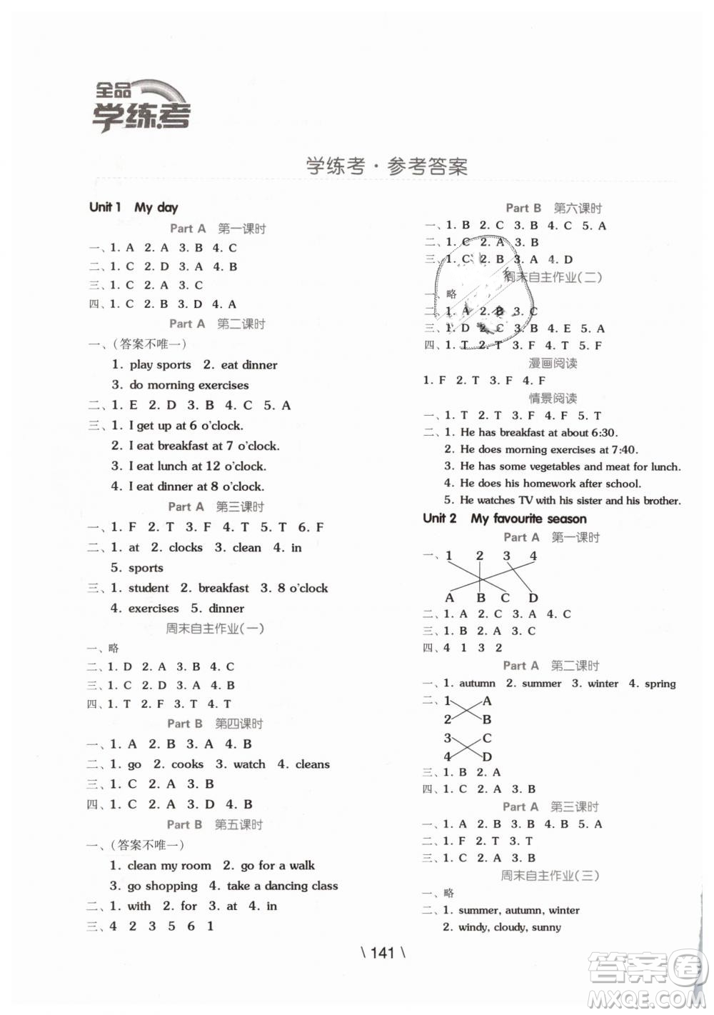 2019版全品學練考五年級下冊英語RJPEP人教版參考答案