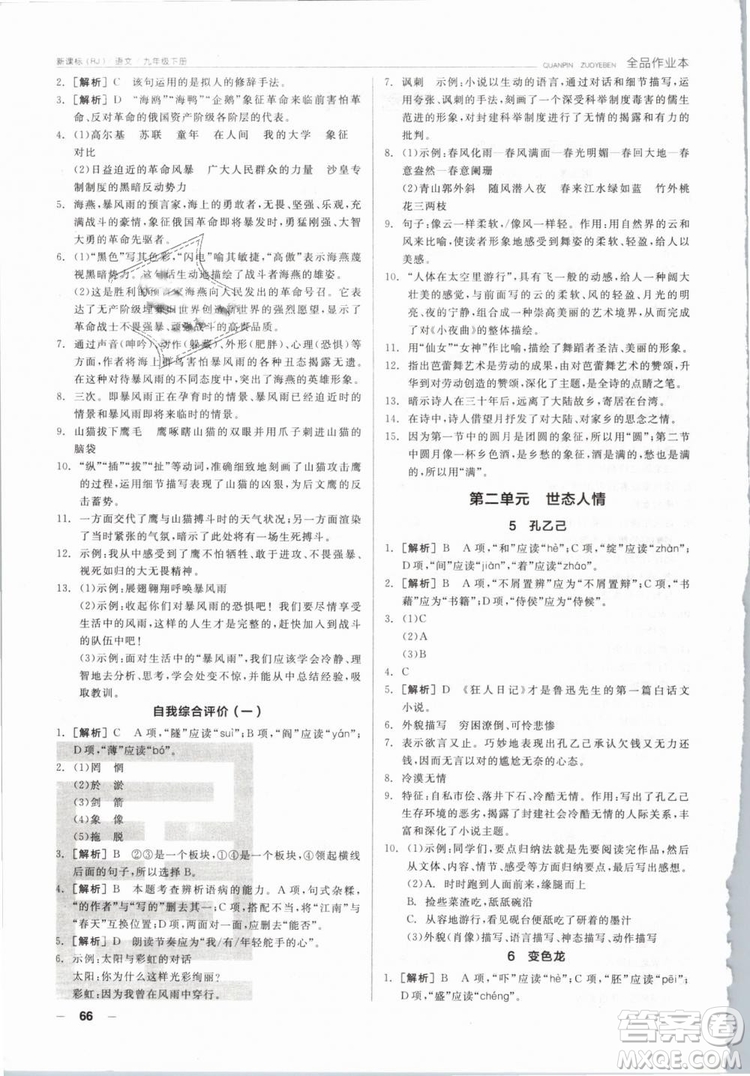 陽(yáng)光出版社2019人教版全品作業(yè)本九年級(jí)語(yǔ)文下冊(cè)新課標(biāo)RJ參考答案