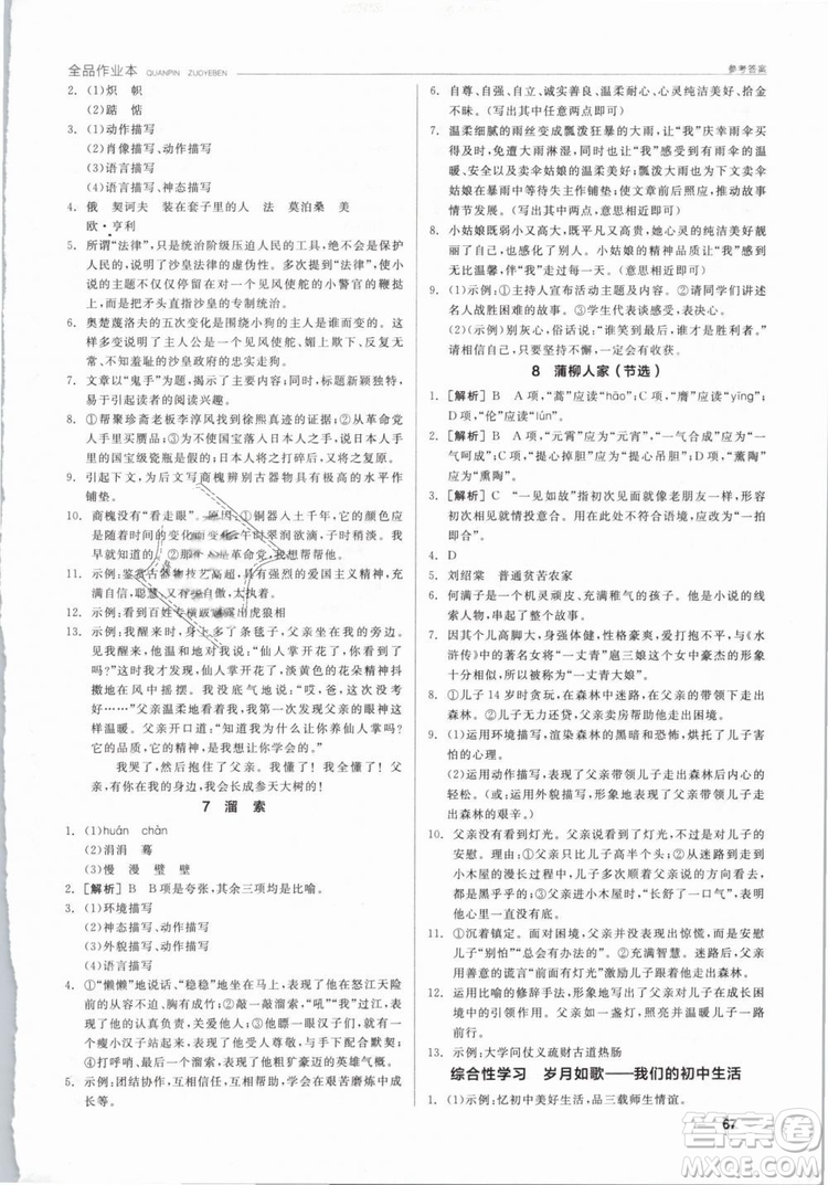 陽(yáng)光出版社2019人教版全品作業(yè)本九年級(jí)語(yǔ)文下冊(cè)新課標(biāo)RJ參考答案