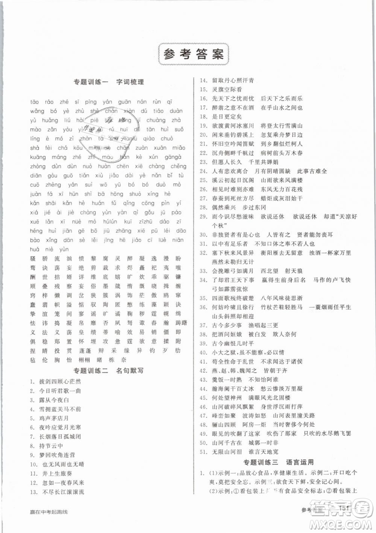 陽(yáng)光出版社2019人教版全品作業(yè)本九年級(jí)語(yǔ)文下冊(cè)新課標(biāo)RJ參考答案