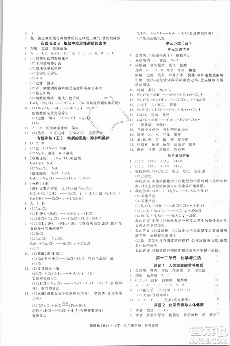 2019人教版全品作業(yè)本九年級化學(xué)下冊新課標(biāo)RJ陽光出版社參考答案