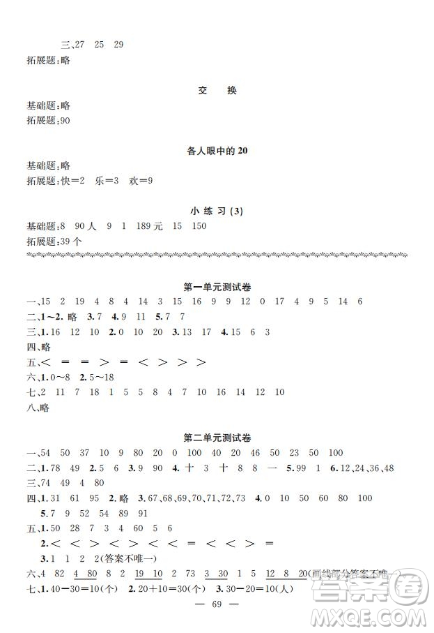 鐘書金牌2019年金牌教練一年級數(shù)學(xué)下冊參考答案