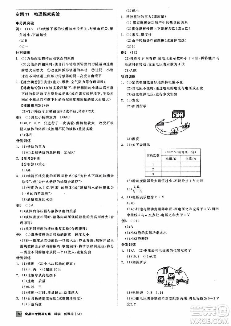 浙江專版2019版全品中考復(fù)習(xí)方案專題突破九年級(jí)科學(xué)ZJ參考答案