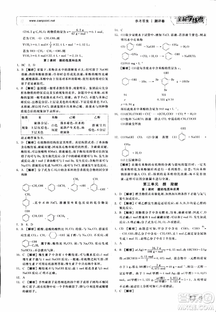 2019年全品學(xué)練考測評卷高中化學(xué)選修5有機(jī)化學(xué)基礎(chǔ)蘇教版SJ參考答案