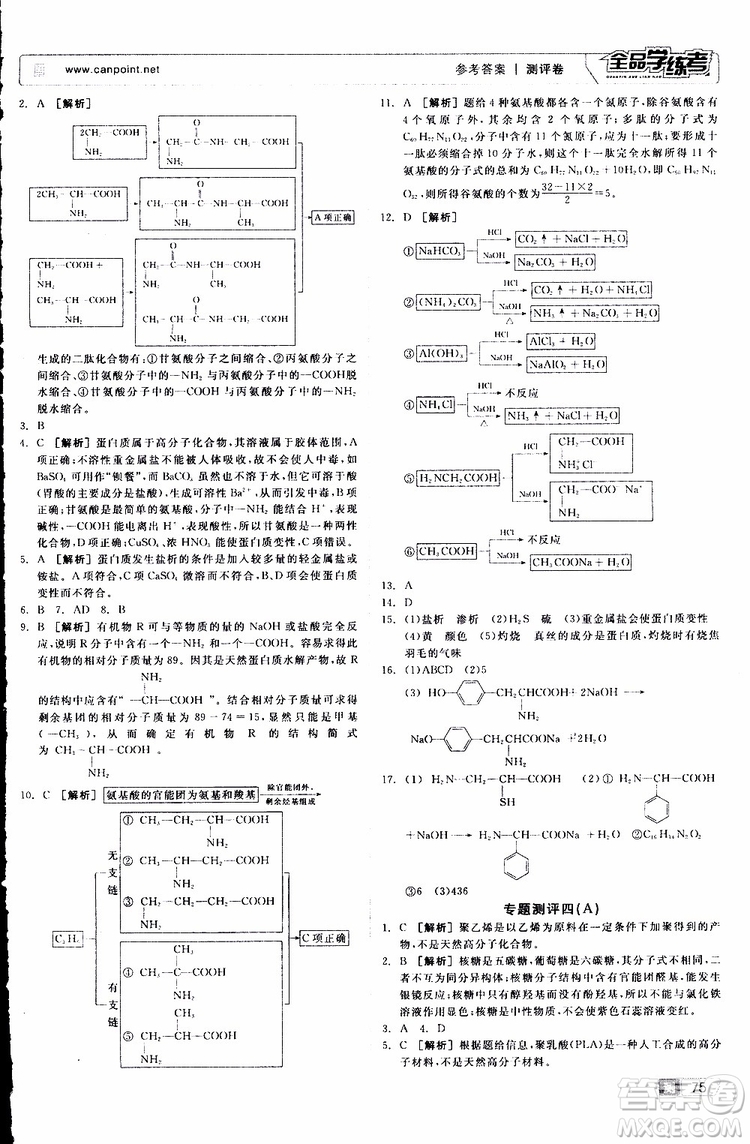 2019年全品學(xué)練考測評卷高中化學(xué)選修5有機(jī)化學(xué)基礎(chǔ)蘇教版SJ參考答案