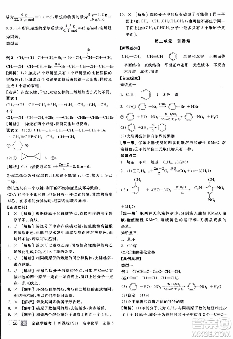 2019年全品學(xué)練考測評卷高中化學(xué)選修5有機(jī)化學(xué)基礎(chǔ)蘇教版SJ參考答案