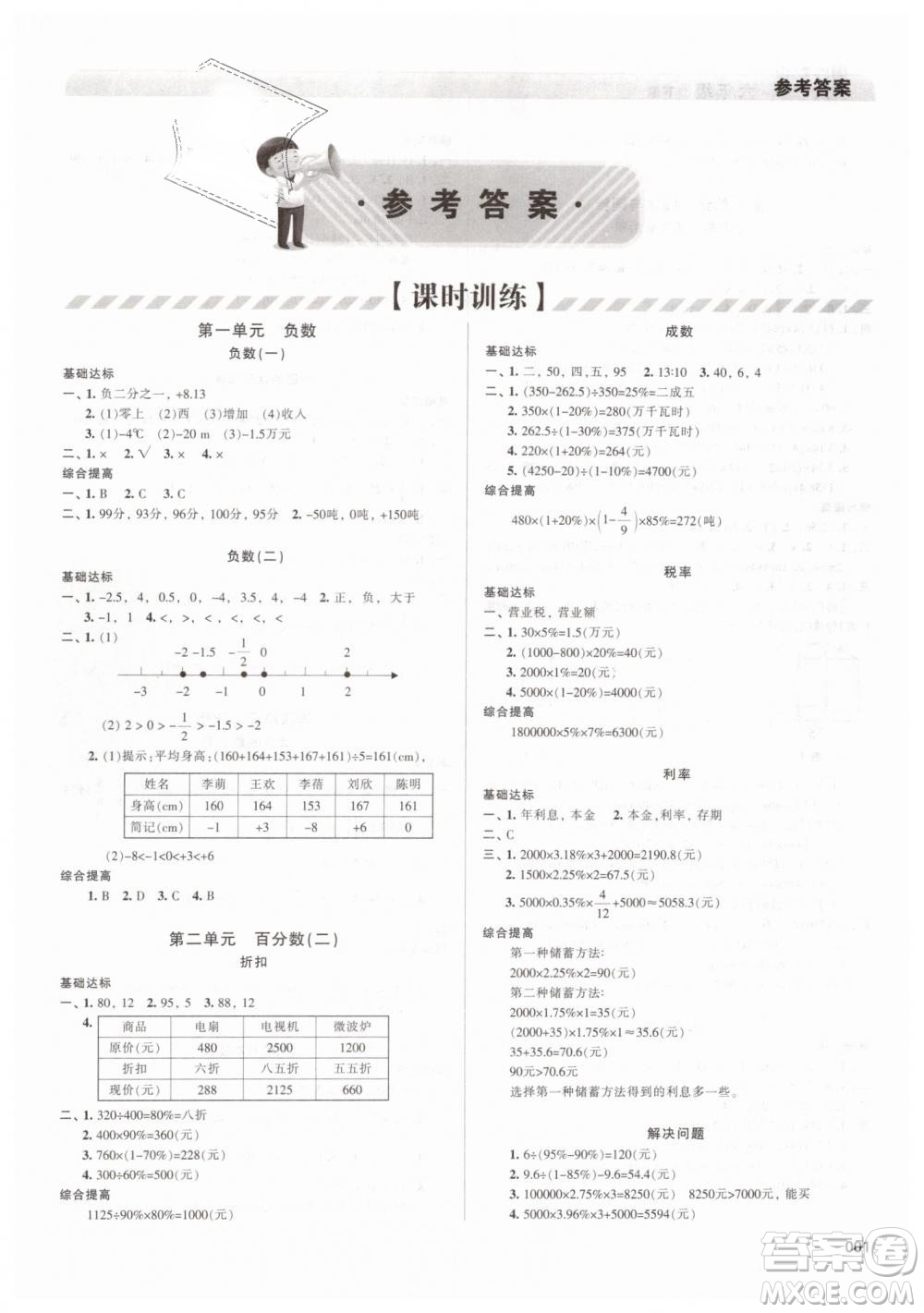 2019春人教版學(xué)習(xí)質(zhì)量監(jiān)測(cè)六年級(jí)數(shù)學(xué)下冊(cè)參考答案