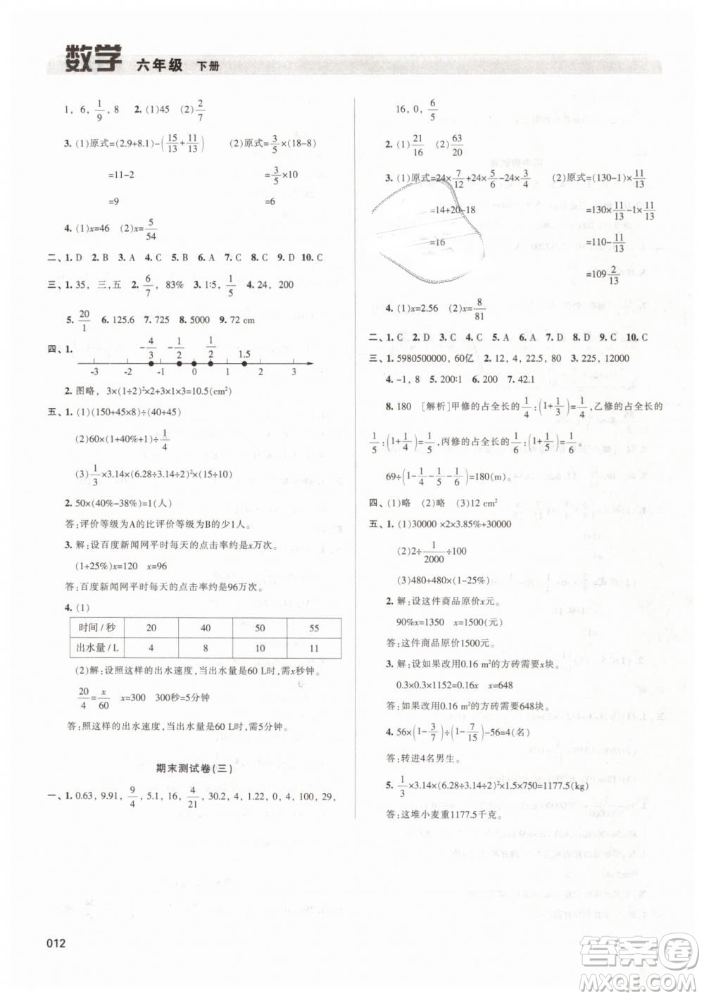 2019春人教版學(xué)習(xí)質(zhì)量監(jiān)測(cè)六年級(jí)數(shù)學(xué)下冊(cè)參考答案