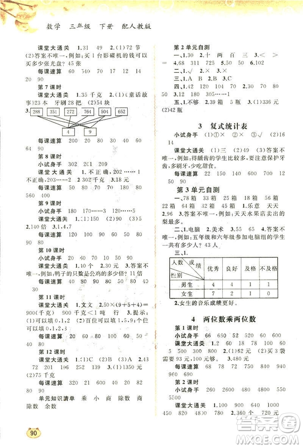 新課程學(xué)習(xí)與測(cè)評(píng)2019版同步學(xué)習(xí)數(shù)學(xué)三年級(jí)下冊(cè)人教版答案