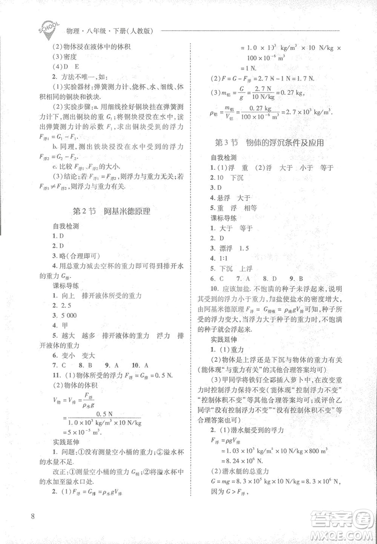 2019新課程問題解決導(dǎo)學(xué)方案八年級(jí)下冊(cè)物理人教版答案