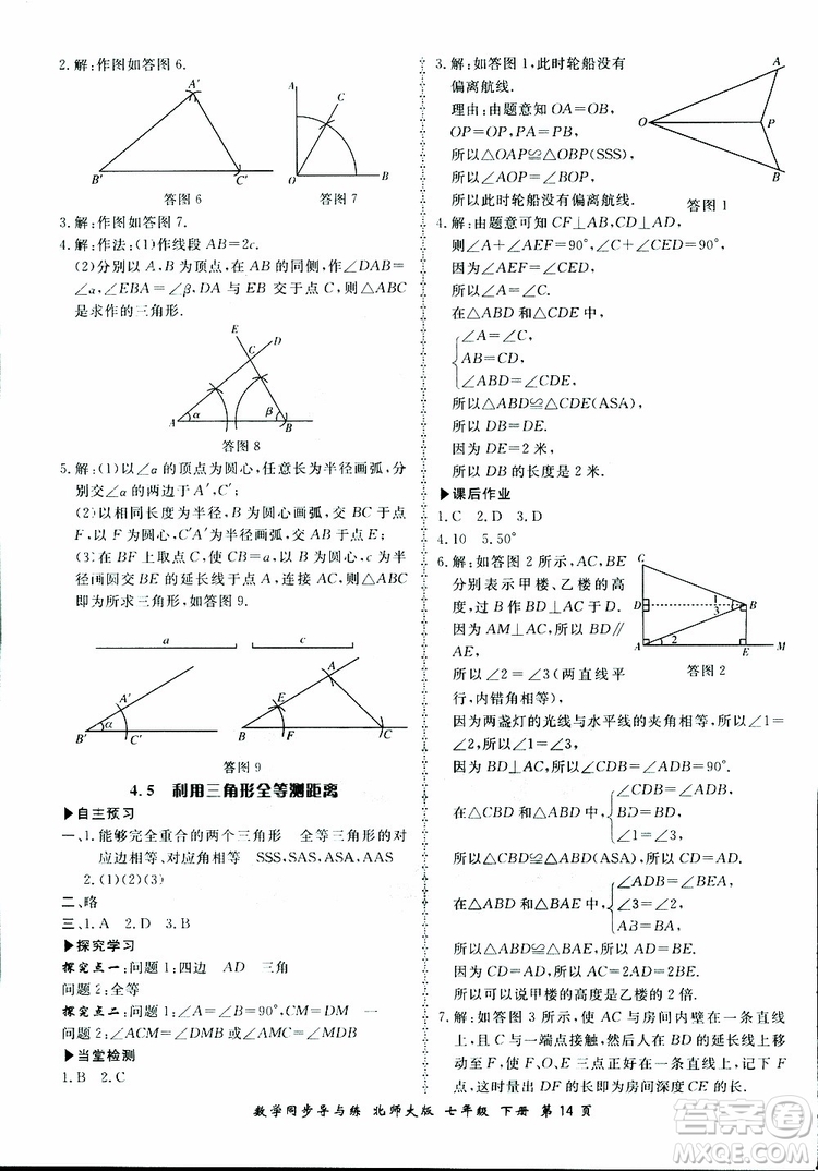 2019春新學(xué)案同步導(dǎo)與練數(shù)學(xué)七年級下冊北師大版參考答案