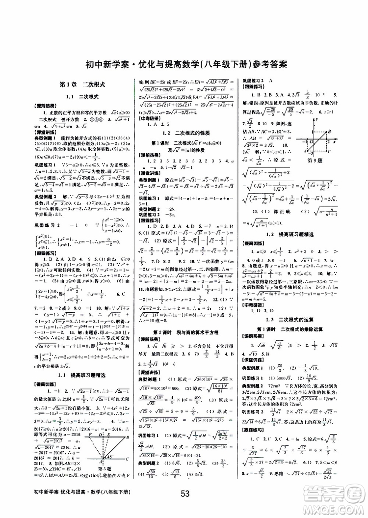 2019BBS初中新學(xué)案優(yōu)化與提高數(shù)學(xué)八年級(jí)下冊(cè)參考答案