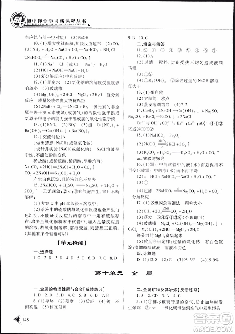 五四制2019年初中伴你學(xué)習(xí)新課程叢書九年級下冊化學(xué)魯教版參考答案