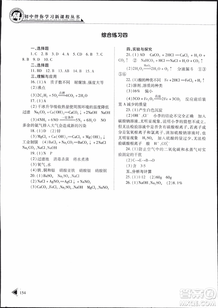 五四制2019年初中伴你學(xué)習(xí)新課程叢書九年級下冊化學(xué)魯教版參考答案