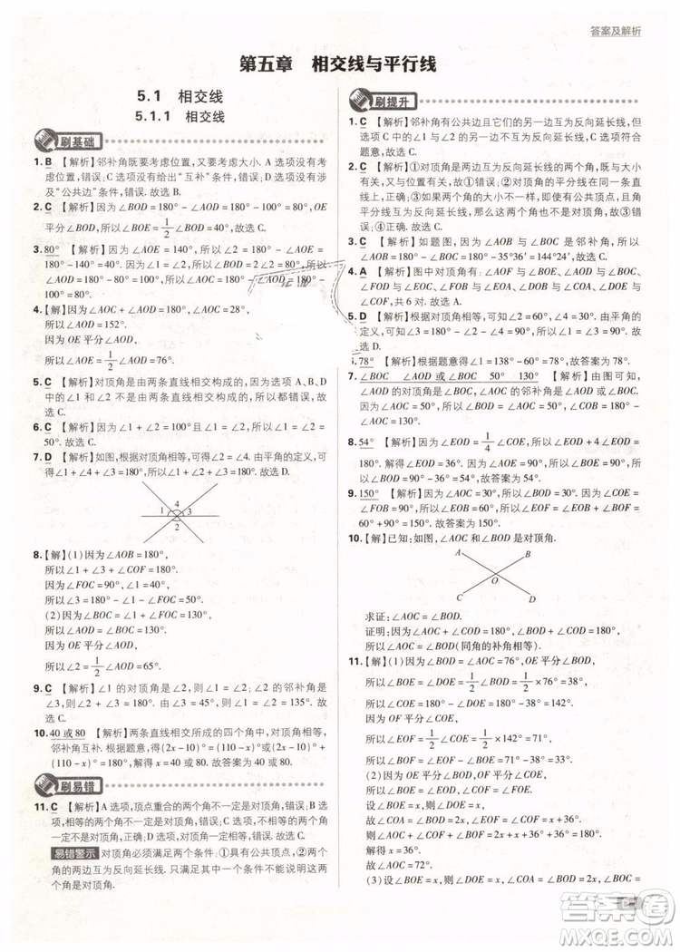 2019版初中必刷題七年級(jí)下冊(cè)數(shù)學(xué)RJ人教版參考答案