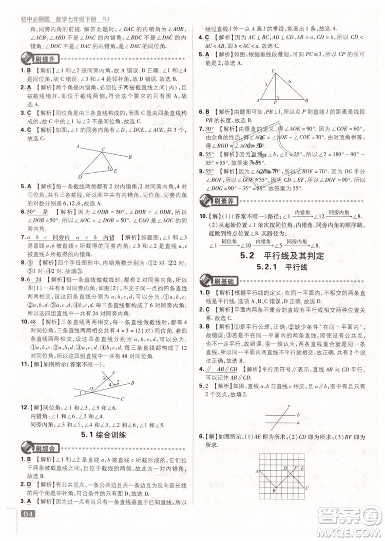 2019版初中必刷題七年級(jí)下冊(cè)數(shù)學(xué)RJ人教版參考答案